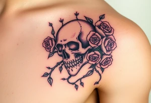 gothic skull intertwined with climbing roses and thorny vines tattoo idea