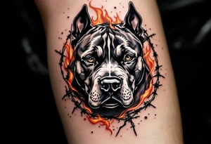 Pitbull surrounded by barbed wire and flames, fierce expression, black and gray fur, with realistic metallic barbed wire and red-orange flames swirling around. tattoo idea