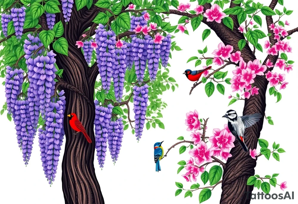 The American wisteria tree gracefully drapes its cascading clusters of soft lavender flowers, twisting around sturdy branches with delicate, vine-like tendrils, while its lush green foliage creates a dreamy, whimsical canopy. Nearby, an Eastern redbud bursts with vibrant pink blossoms, its heart-shaped leaves beginning to unfurl, adding a striking contrast against the deep, twisting bark of its slender trunk. Among the branches, a brilliant red cardinal perches proudly, an indigo bunting glows in a dazzling shade of blue against the floral backdrop, and a downy woodpecker clings to the textured bark, its black-and-white feathers speckled with hints of red as it pecks gently, completing the tranquil and picturesque woodland scene. tattoo idea