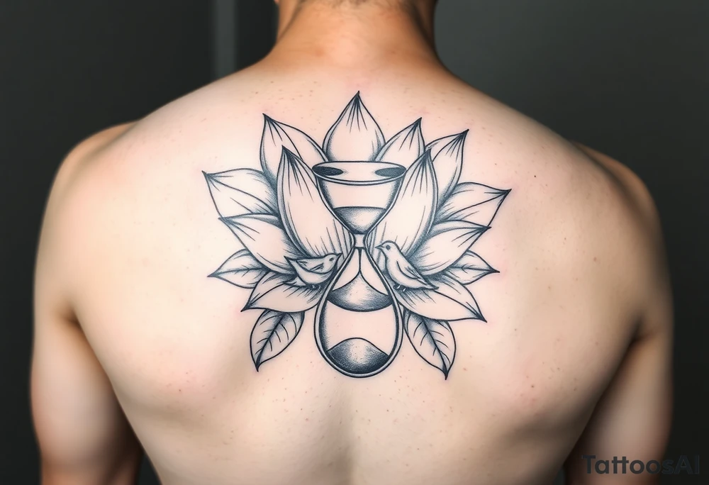 Lotus flower with broken hour glass that turns into birds tattoo idea