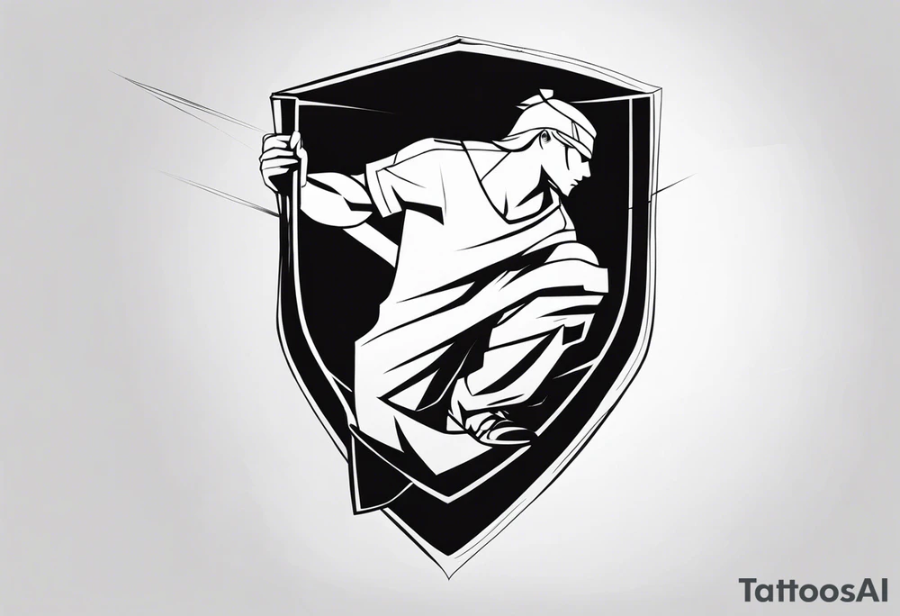 man crouched behind shield tattoo idea