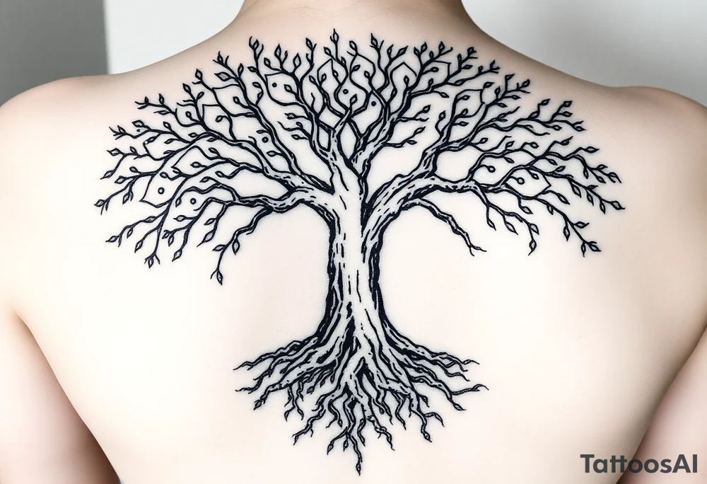 Tree, roots, branches - a lively organic style, combined with the official scheme of sephirot Classic scheme of Sephiroth, symmetry, circles, clean lines, ancient aesthetics. tattoo idea