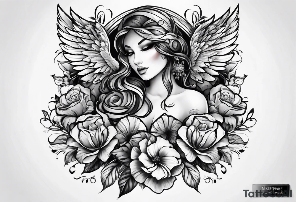 arm sleeve tattoo full guns and flowers and wings tattoo idea