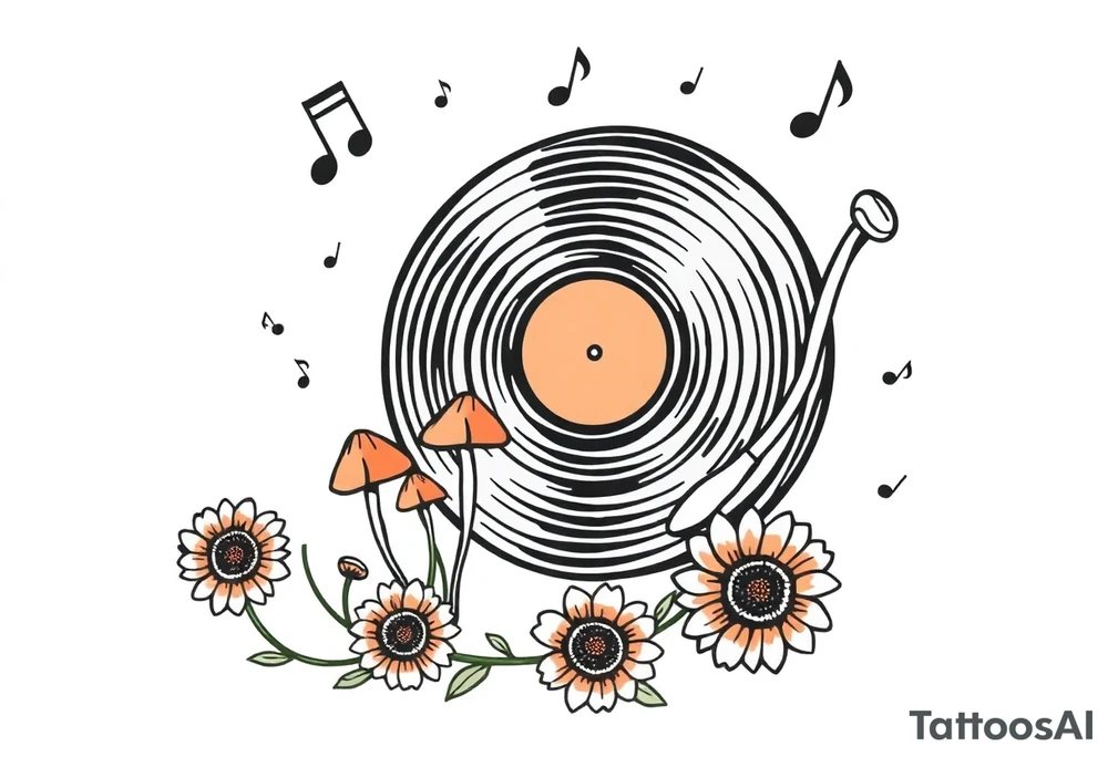 vinyl record player with mushrooms, sunflowers, and music notes around it tattoo idea