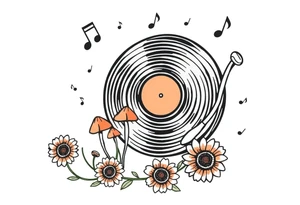 vinyl record player with mushrooms, sunflowers, and music notes around it tattoo idea