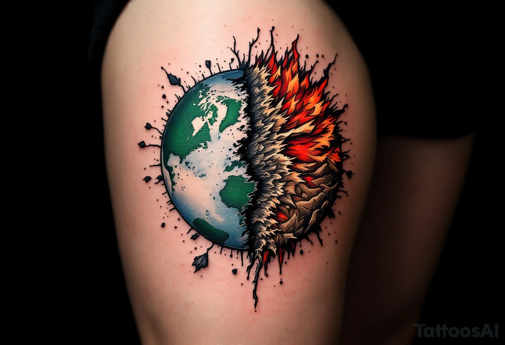 A split Earth showing one half green and healthy, the other half in red and brown decay, makes a powerful thigh piece. tattoo idea