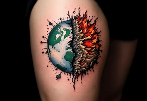 A split Earth showing one half green and healthy, the other half in red and brown decay, makes a powerful thigh piece. tattoo idea