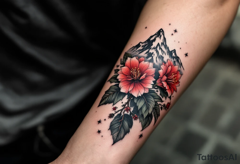 vertical wrist size red  and black rhododendron trippy with Himalayas behind tattoo idea