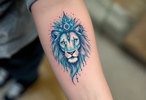 A celestial lion formed from stardust and soft gray shading lies beneath the Leo glyph, glowing in a wash of indigo and teal. tattoo idea