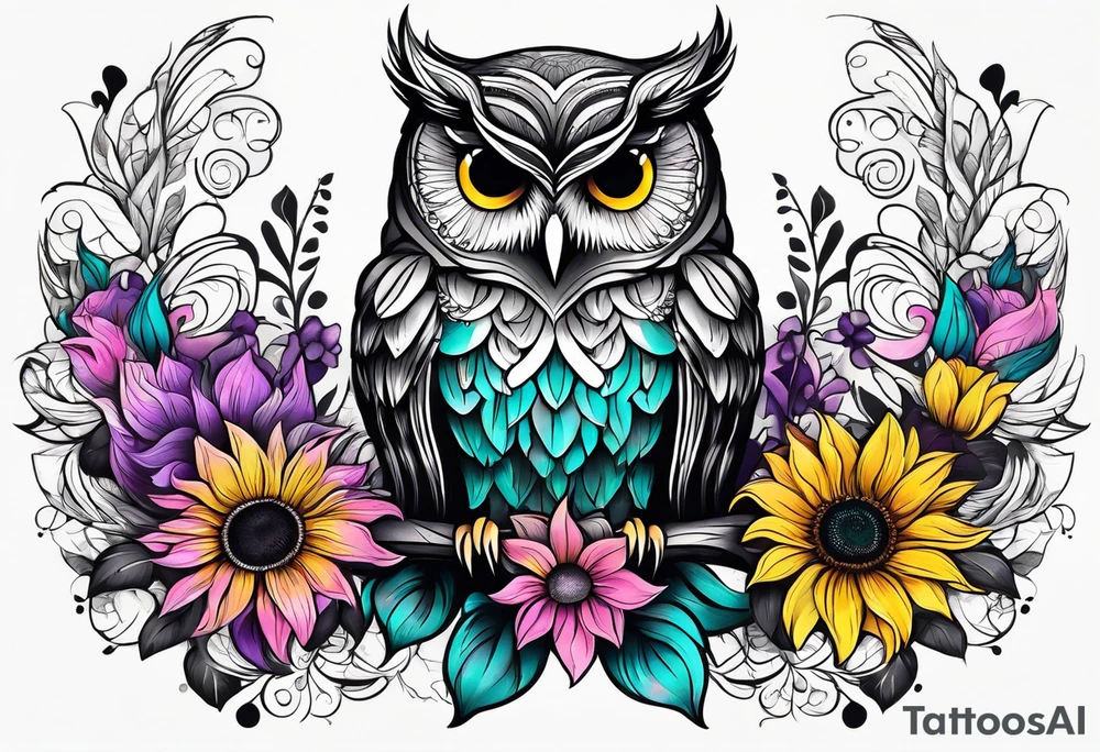 Black and white owl shaded teal, pink and purple surrounded by yellow sunflowers sleeve tattoo idea