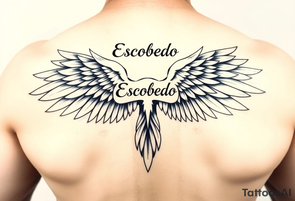 "Large, feathered wings of either an angel or falcon, designed in a strong, dynamic style. The wings should begin below the name 'Escobedo' and extend outward across the upper back, curving under the name without touching it. The feathers should be detailed, symbolizing strength and freedom." tattoo idea