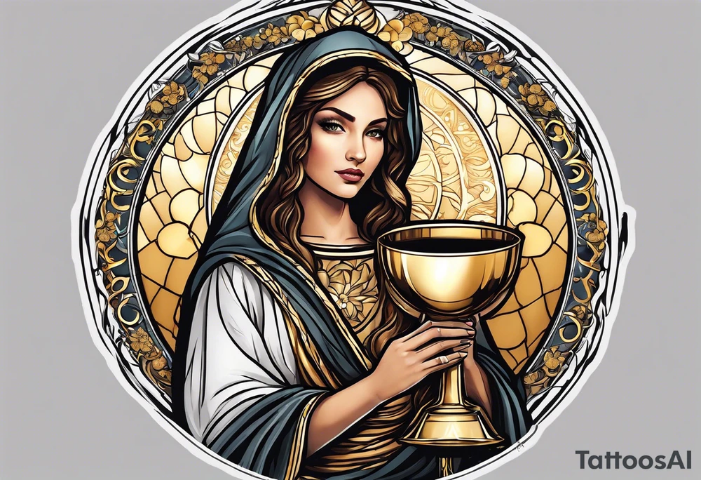woman saint holding chalice surrounded by golden halo portrait tattoo idea