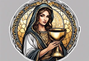 woman saint holding chalice surrounded by golden halo portrait tattoo idea