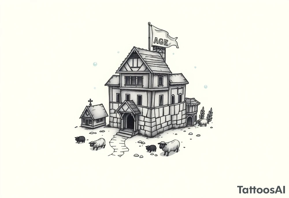 Blackwork or sketch-style tattoo of a medieval Town Center inspired by Age of Empires IV. Around it, include tiny humorous details: villagers carrying oversized resources like giant logs, sheep wandering near the building, and one villager stuck on the roof. Add playful game-inspired elements like a glowing 'Age Up' icon above the Town Center or a banner with the letters 'AOE' hanging from the tower. Light-hearted, fun, and recognizable to Age of Empires fans. Designed for shoulder placement tattoo idea