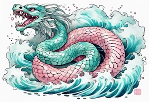 a gentle turquoise and pink Falkor serpent hybrid emerging from the stormy sea tattoo idea