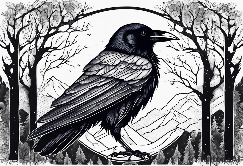 Raven swooping, occult, mystical, knowing, light behind its eyes, ethereal, night sky and trees in the background tattoo idea