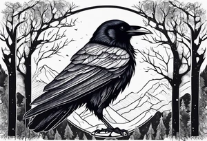 Raven swooping, occult, mystical, knowing, light behind its eyes, ethereal, night sky and trees in the background tattoo idea