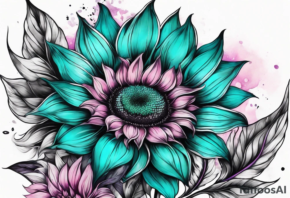 Teal, pink and purple sunflower sleeve tattoo idea