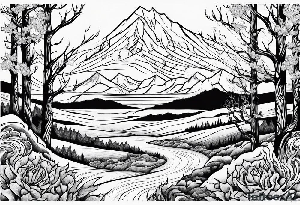 Flames to ash to frozen landscape tattoo idea