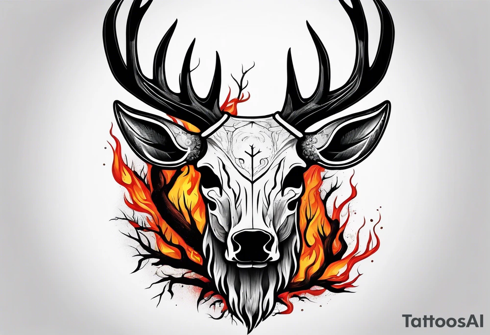 A scary terrifying horrifying dead deer skull side profile surrounded by a forest fire in background tattoo idea