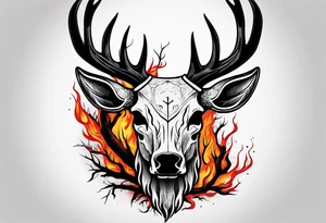 A scary terrifying horrifying dead deer skull side profile surrounded by a forest fire in background tattoo idea