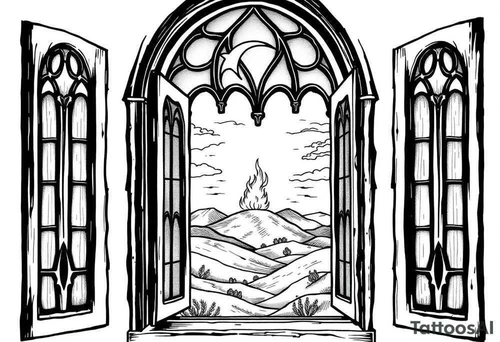 Tall church window with stained glass showcasing crescent moon over a hilly landscape as a fire burns in the distance tattoo idea