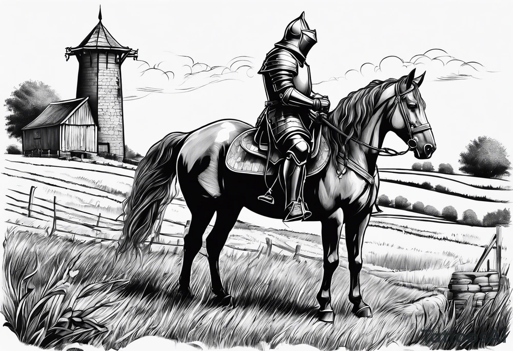 a knight kneeling with an old farm in the background and horses in the netherlands tattoo idea