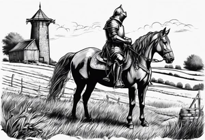 a knight kneeling with an old farm in the background and horses in the netherlands tattoo idea