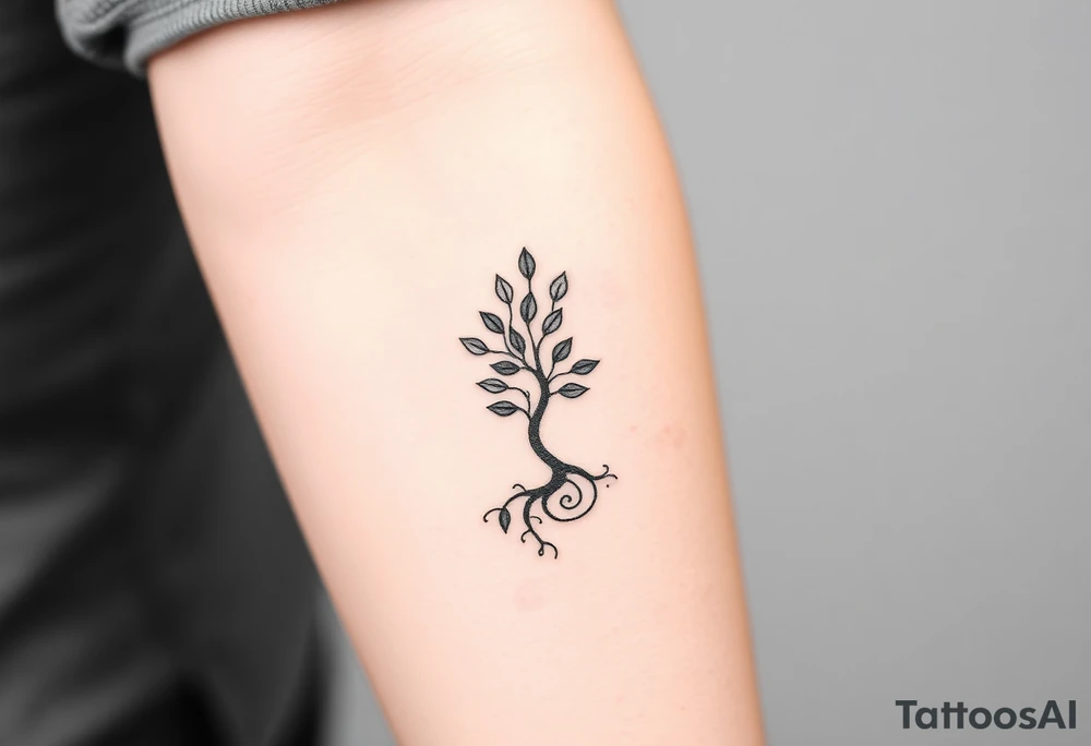 A tree with fee leaves, with a spiral line moving outward, as its roots tattoo idea