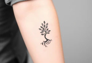 A tree with fee leaves, with a spiral line moving outward, as its roots tattoo idea