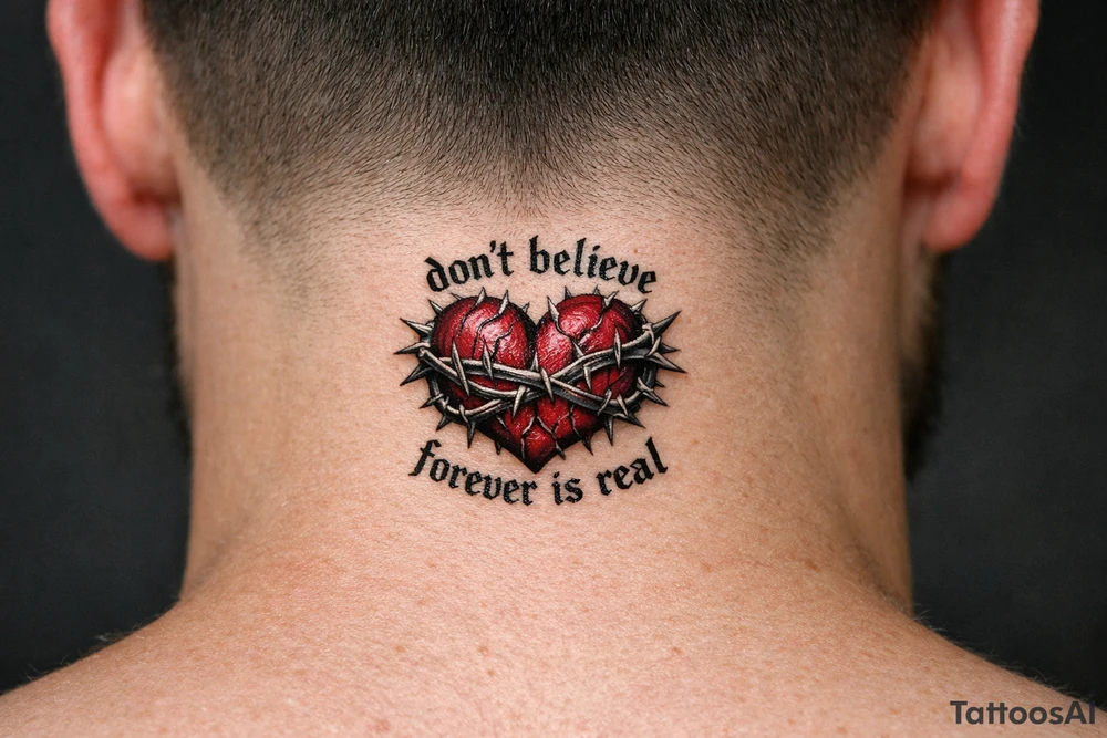 A realistic torn heart coiled together by thorns and around it it says “don’t believe forever is real” tattoo idea