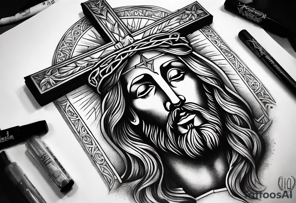 jesus leg tattoo with a cross and bible verse tattoo idea