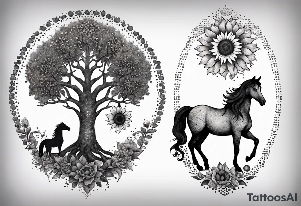 Yggdrasil tree, horse, sunflower tattoo idea