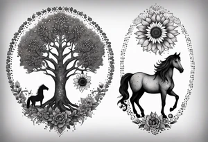 Yggdrasil tree, horse, sunflower tattoo idea