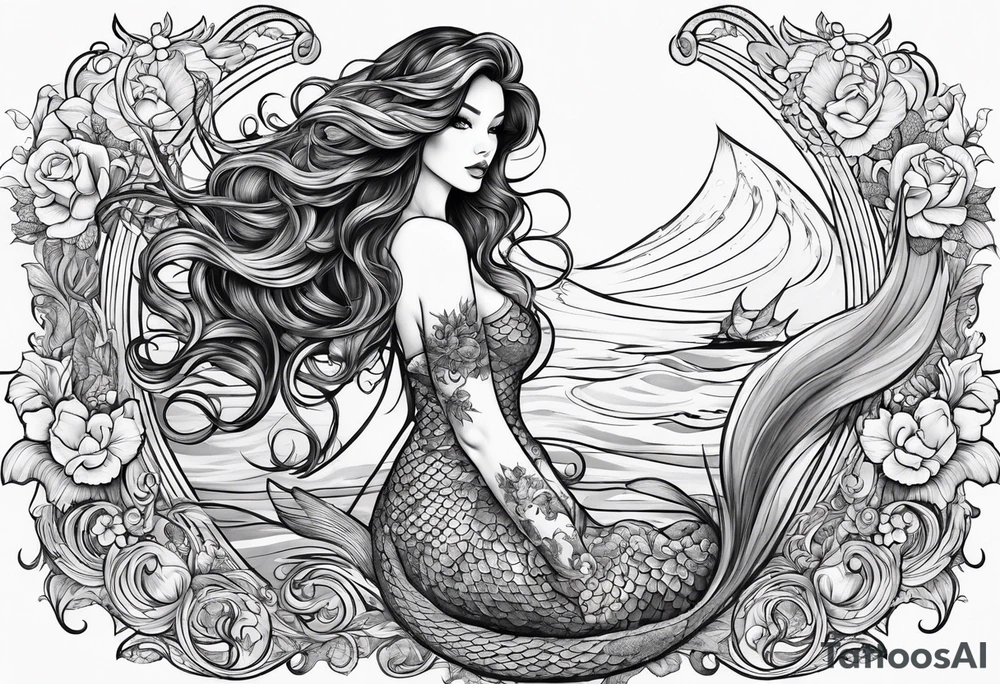 sexy full bodied mermaid with long 
flowing tail and hair, tattoo sleeve tattoo idea