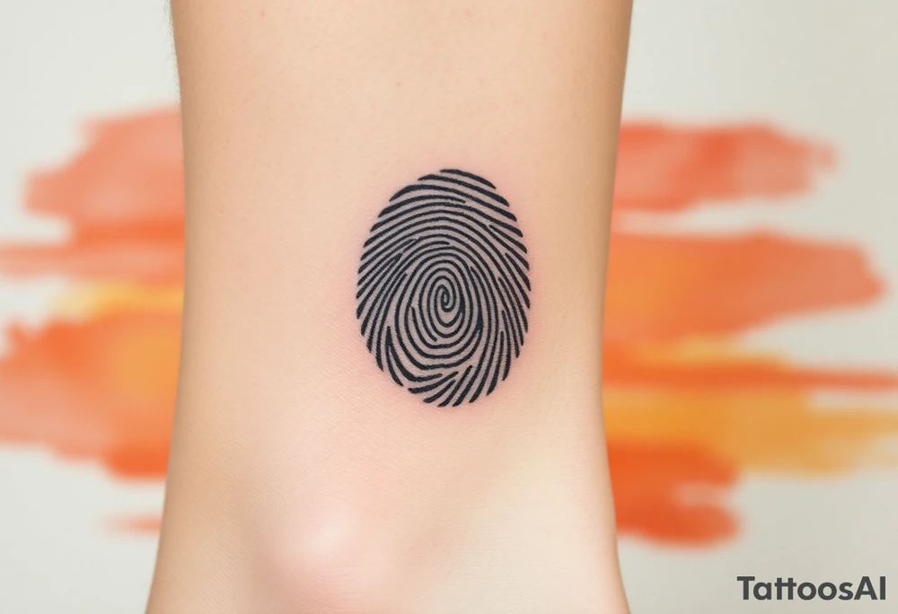 A negative space fingerprint on a watercolor background in warm sunset hues tattoo idea