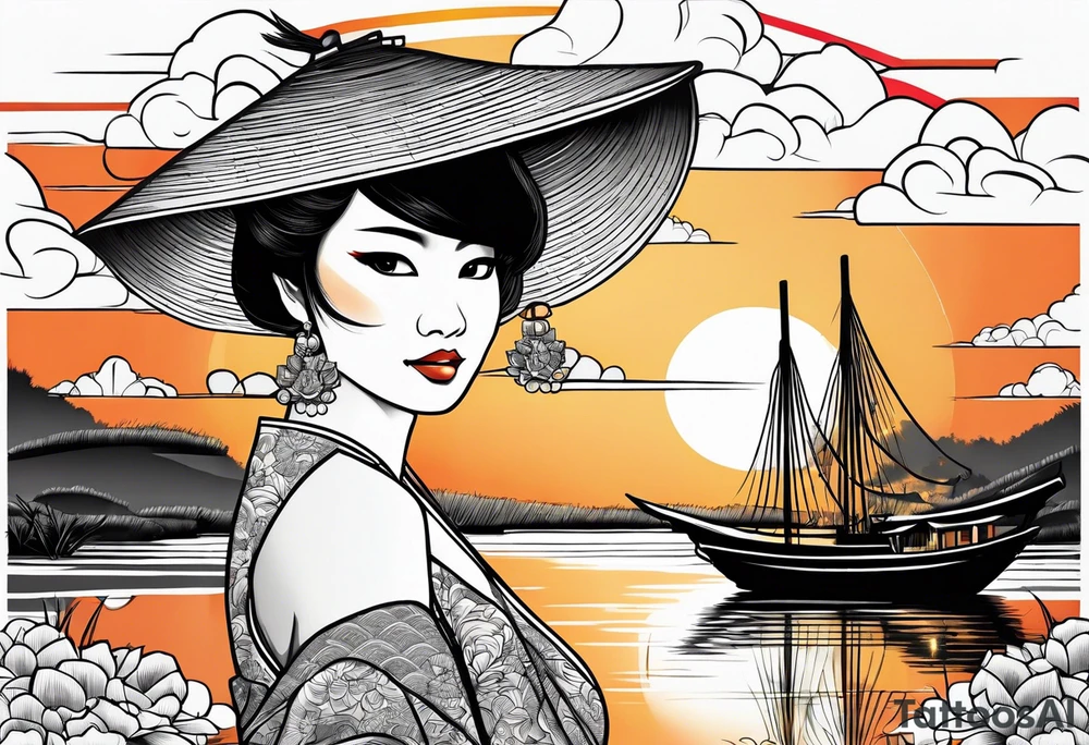 vietnamese lady on boat rice fields water sunset home clouds lanterns tattoo idea