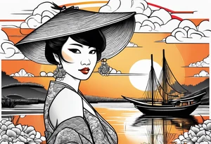 vietnamese lady on boat rice fields water sunset home clouds lanterns tattoo idea