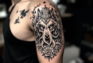 powerful majestic wolf octopus with a crown, surrounded by floral ornaments and birds tattoo idea