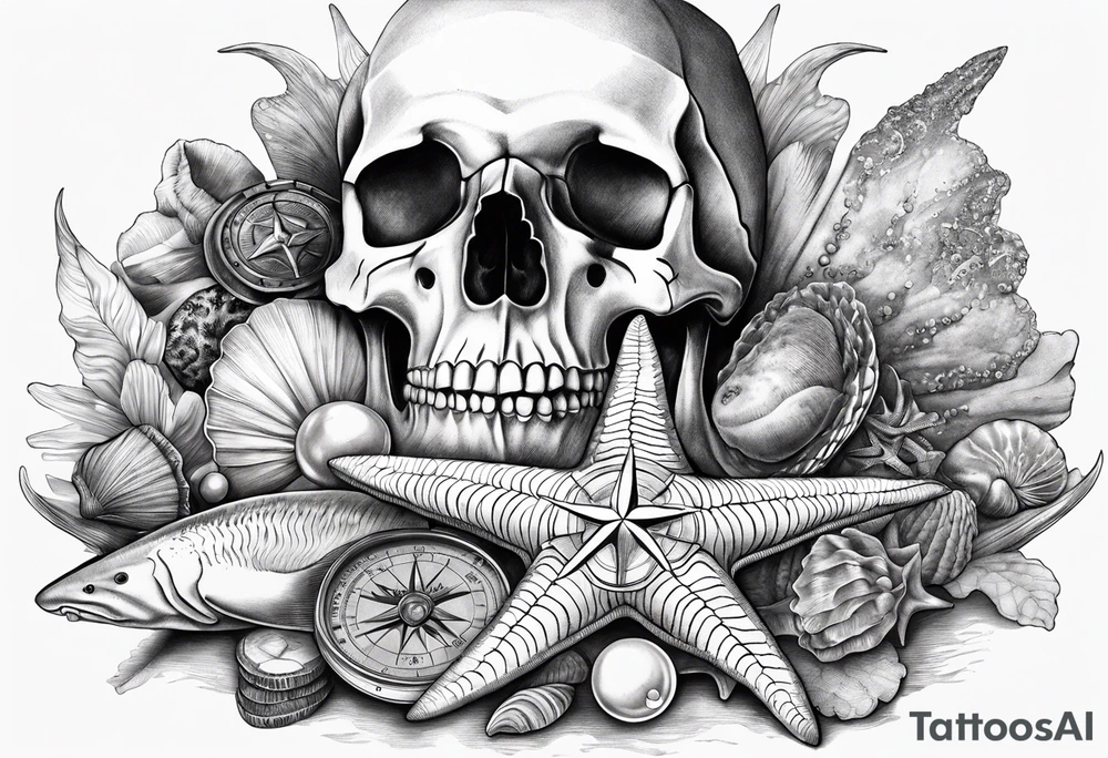 Compass, shells, shark teeth, starfish, oyster with pearl, skull tattoo idea