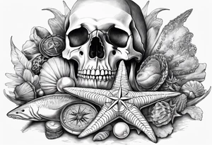 Compass, shells, shark teeth, starfish, oyster with pearl, skull tattoo idea