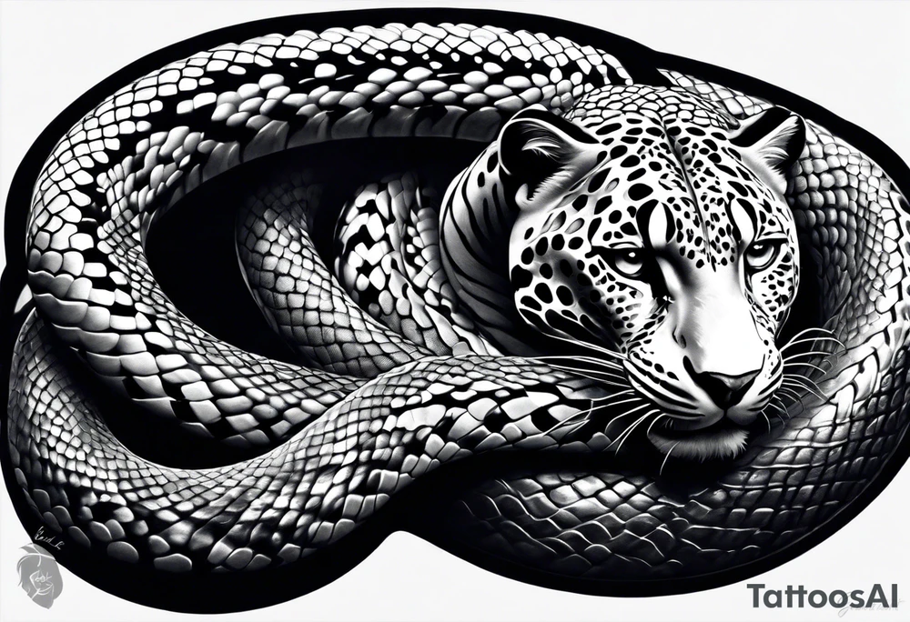 Black and grey realism with a pit viper snake, jaguar, and rainforest background for a forearm sleeve. Create the snake and jaguar to have aggressive features tattoo idea