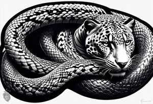 Black and grey realism with a pit viper snake, jaguar, and rainforest background for a forearm sleeve. Create the snake and jaguar to have aggressive features tattoo idea