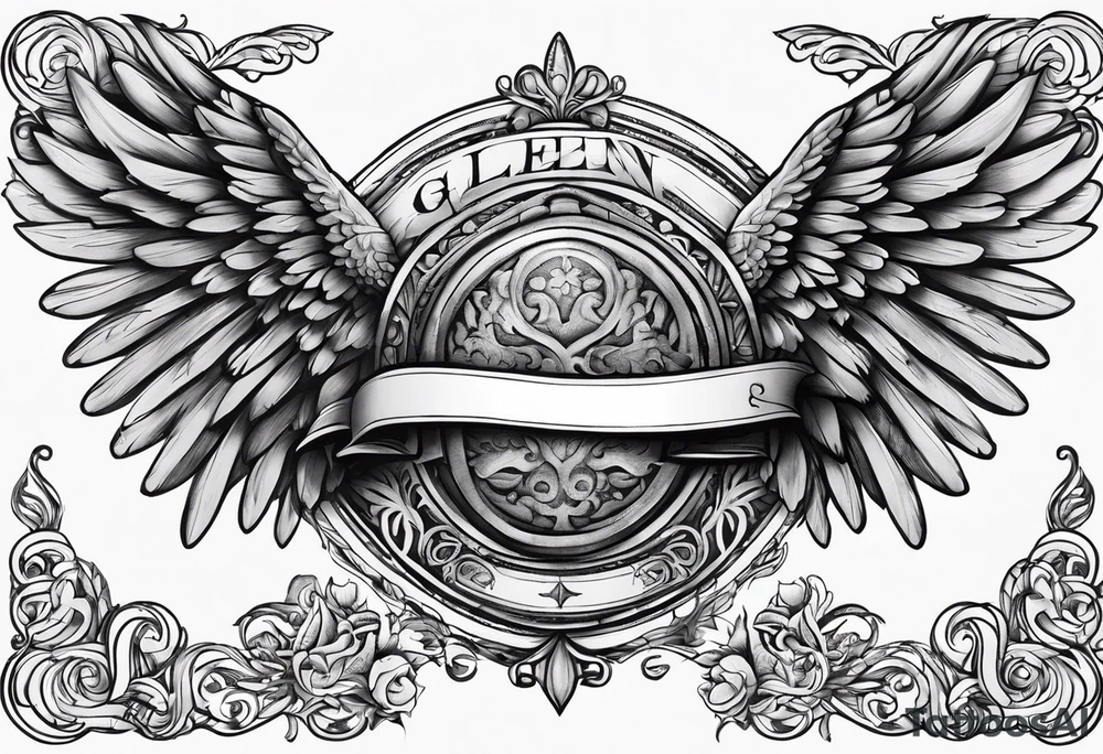 The word Glenn on a banner with angel Wings tattoo idea