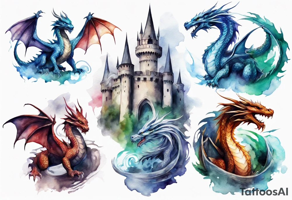 realistic mystic dragons protecting a castle tattoo idea