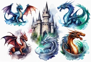 realistic mystic dragons protecting a castle tattoo idea