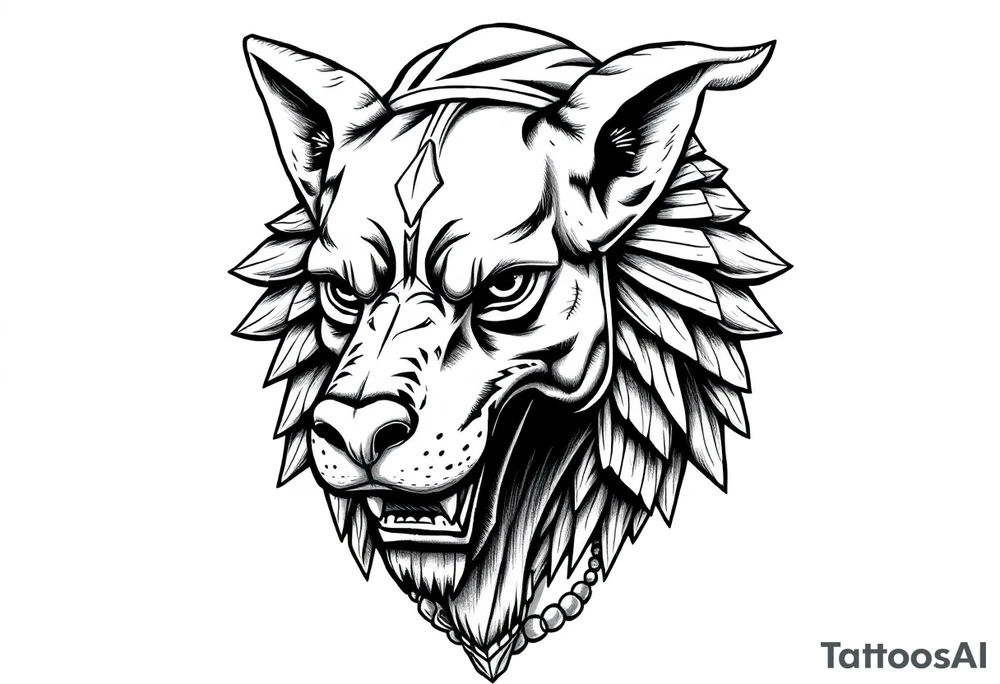 powerful majestic muscle anubis Egyptian god face mix with dog
without eyes with mantle on head tattoo idea