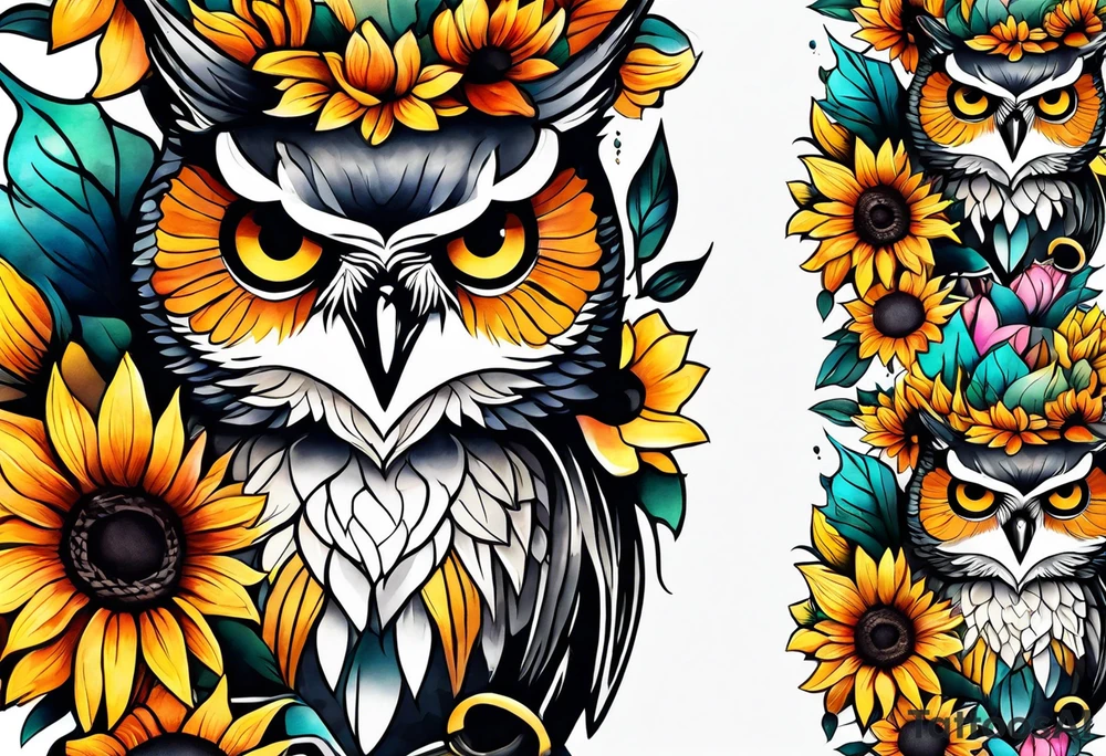 Leg sleeve with colorful sunflowers and an owl tattoo idea