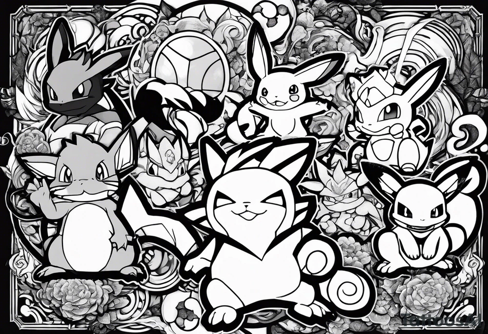 Several pokemon including Pikachu squirtle mew lucario and mewtwo disguised as a manga character such as kamado tanjiro, son goku, naruto uzumaki, gojo tattoo idea