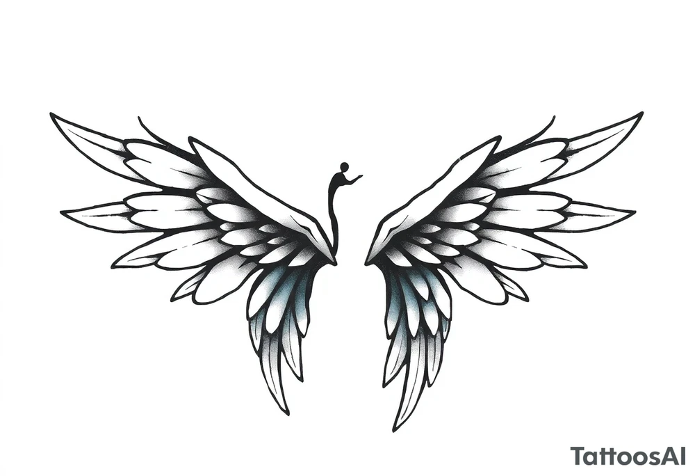 A minimalist wings tattoo that represents a shattered and betrayed gemini woman who fought hard throughout this year. With colors blue and black. Make it unique and rare. Without leaves and stem. tattoo idea